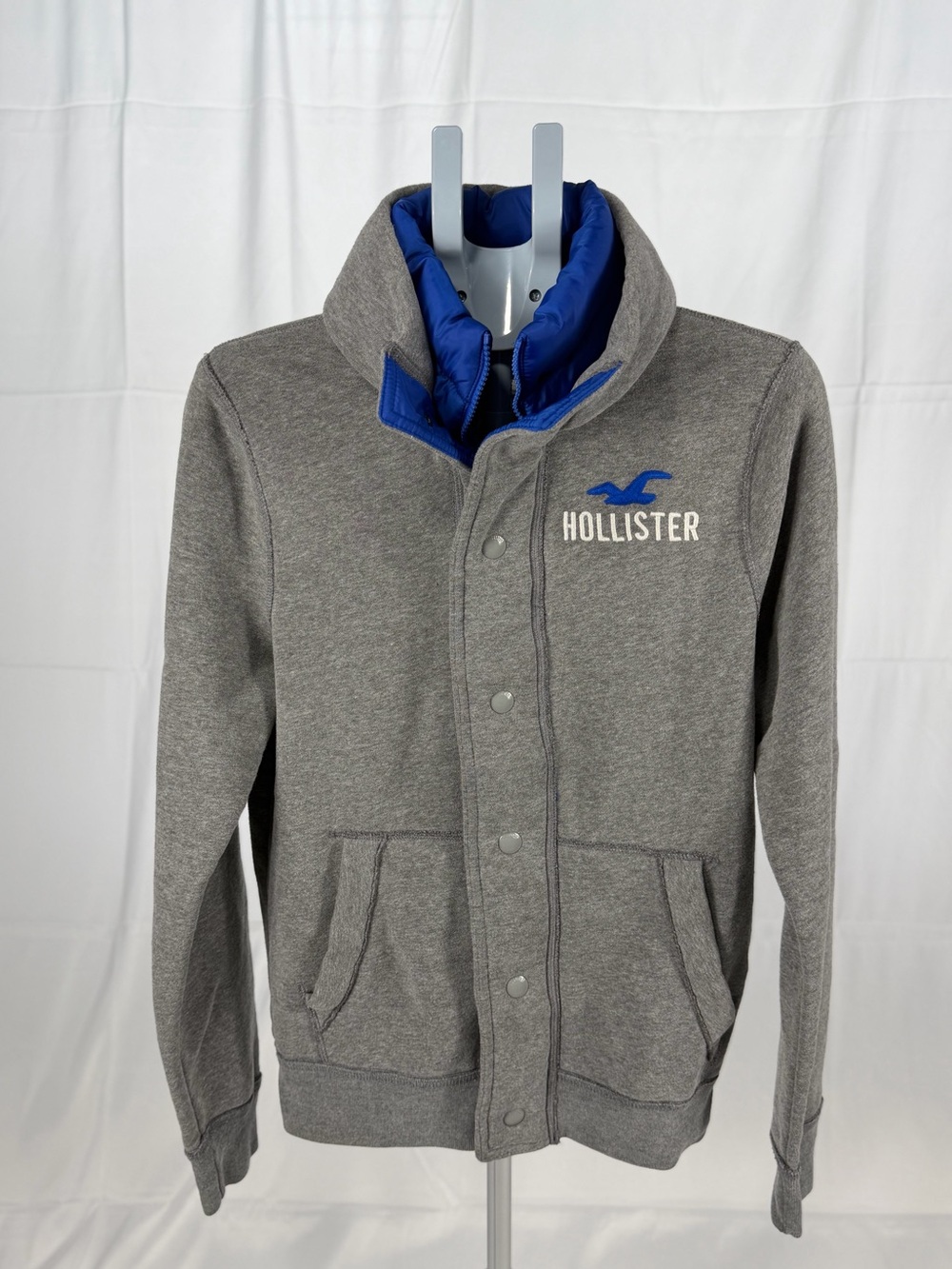 Y2K Hollister Men’s Sweater Jacket Gray and Blue Size Large Zip/Button